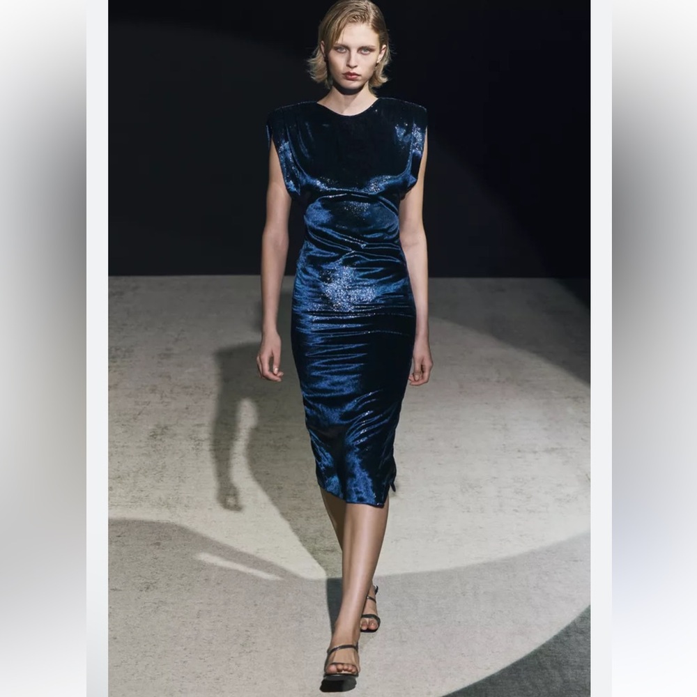 ZARA NAVY BLUE VELVET SHOULDER PAD DRESS ZW COLLECTION SIZE S